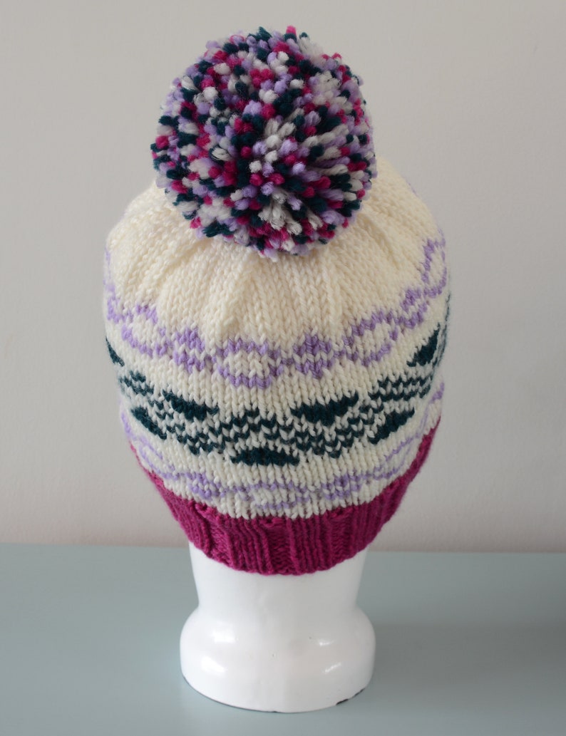 Cream Fair Isle Beanie Hat Green Lavender Pink Modern Knitted Zig Zag Merino Wool Pom Pom Unisex Winter Accessory image 4