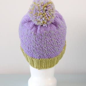 Lavender Heart Fair Isle Beanie Hat Pistachio Grey Modern Knitted Merino Wool Pom Pom Valentine's Day Gift image 3