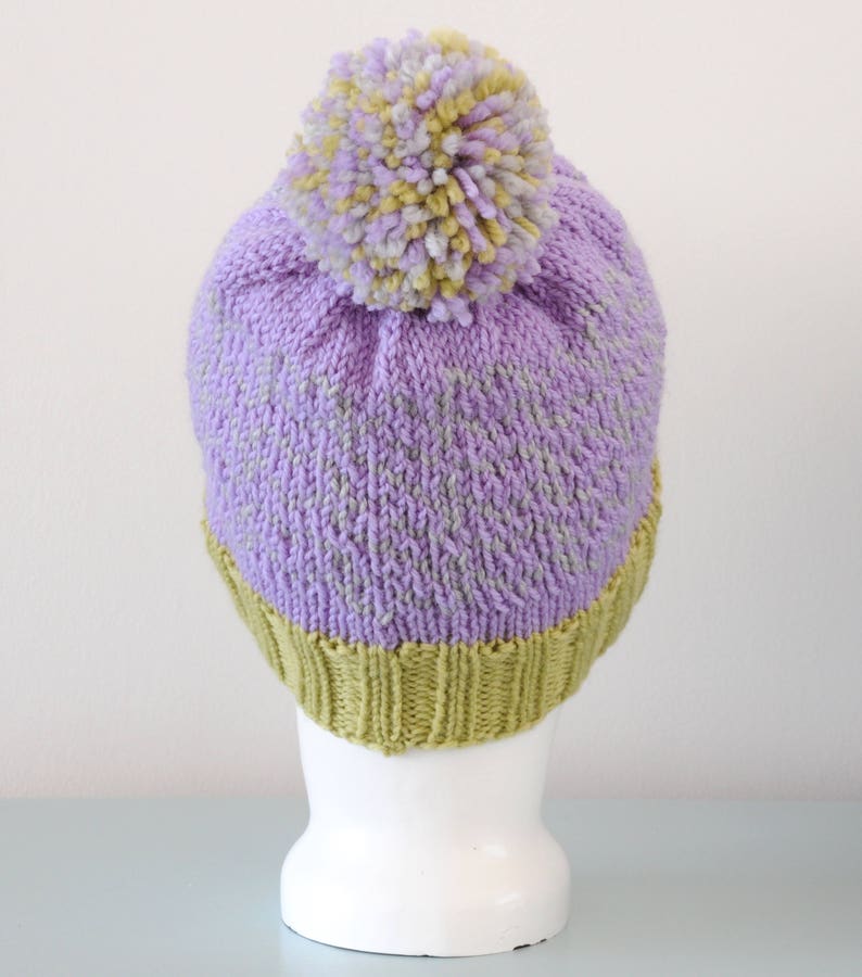 Lavender Heart Fair Isle Beanie Hat Pistachio Grey Modern Knitted Merino Wool Pom Pom Valentine's Day Gift image 3