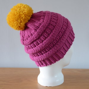 Pink Ribbed Beanie Chunky Merino Wool Hat Yellow Pom Pom Knitted Winter Accessory Gift image 5