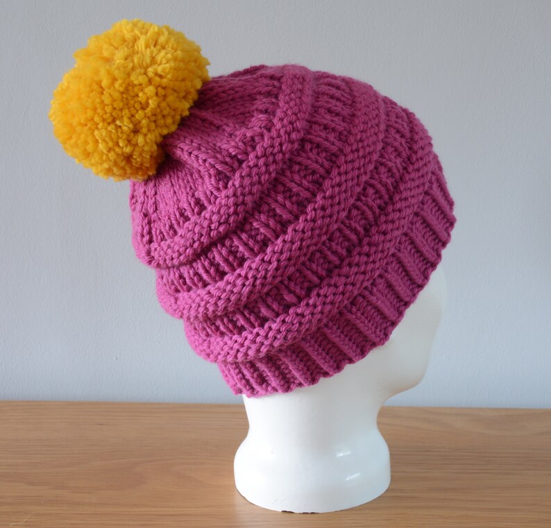 Pink Ribbed Beanie Chunky Merino Wool Hat Yellow Pom Pom Knitted Winter Accessory Gift image 5