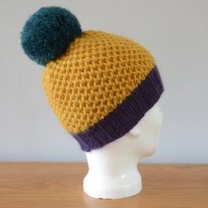Yellow Hat Fisherman Honeycomb Beanie Purple Green Pom Pom Knitted Wool Unisex Winter Accessory Gift image 4