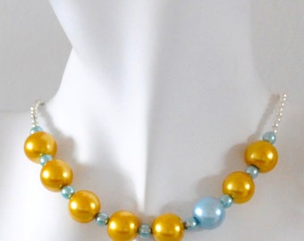CLEARANCE Yellow & Blue Bead Necklace - Chunky Glass Pearl Statement Jewellery Gift for Her