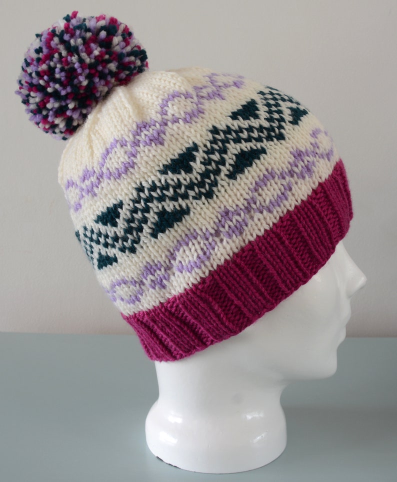 Cream Fair Isle Beanie Hat Green Lavender Pink Modern Knitted Zig Zag Merino Wool Pom Pom Unisex Winter Accessory image 1