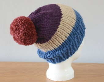 Chunky Merino Wool Slouchy Beanie: Blue, Cream & Purple Knit Hat with Maroon Pom