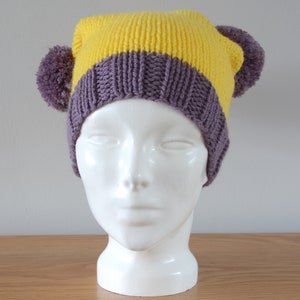 Yellow Purple Double Pom Pom Hat Knitted Beanie Merino Wool Unisex Winter Accessory Colourful Outdoors Gift image 6