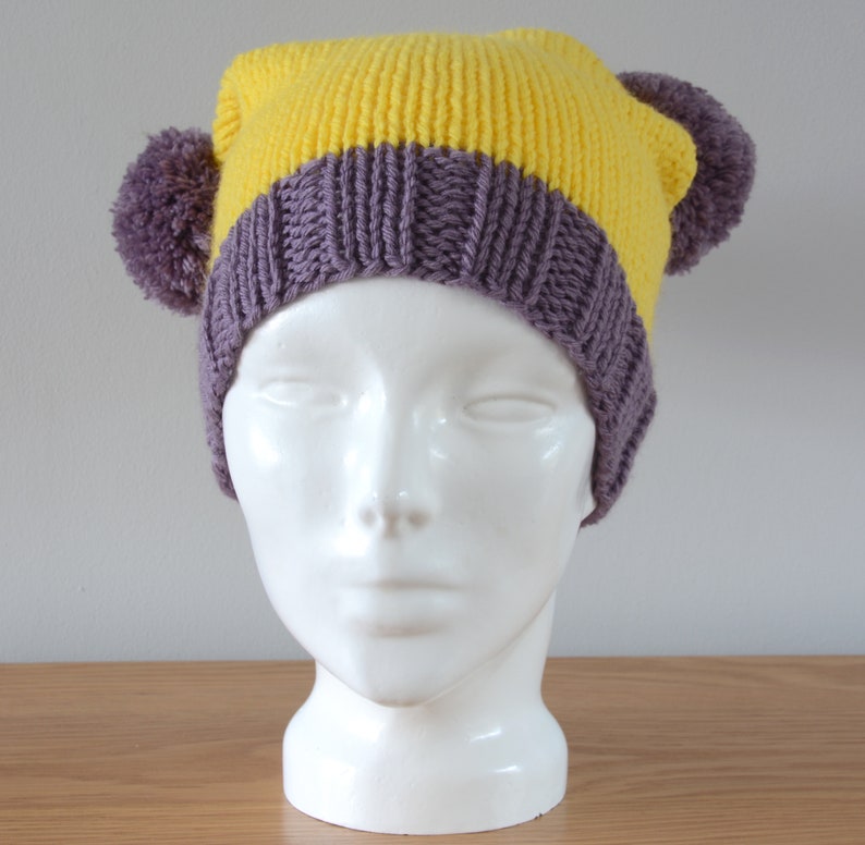 Yellow Purple Double Pom Pom Hat Knitted Beanie Merino Wool Unisex Winter Accessory Colourful Outdoors Gift image 6