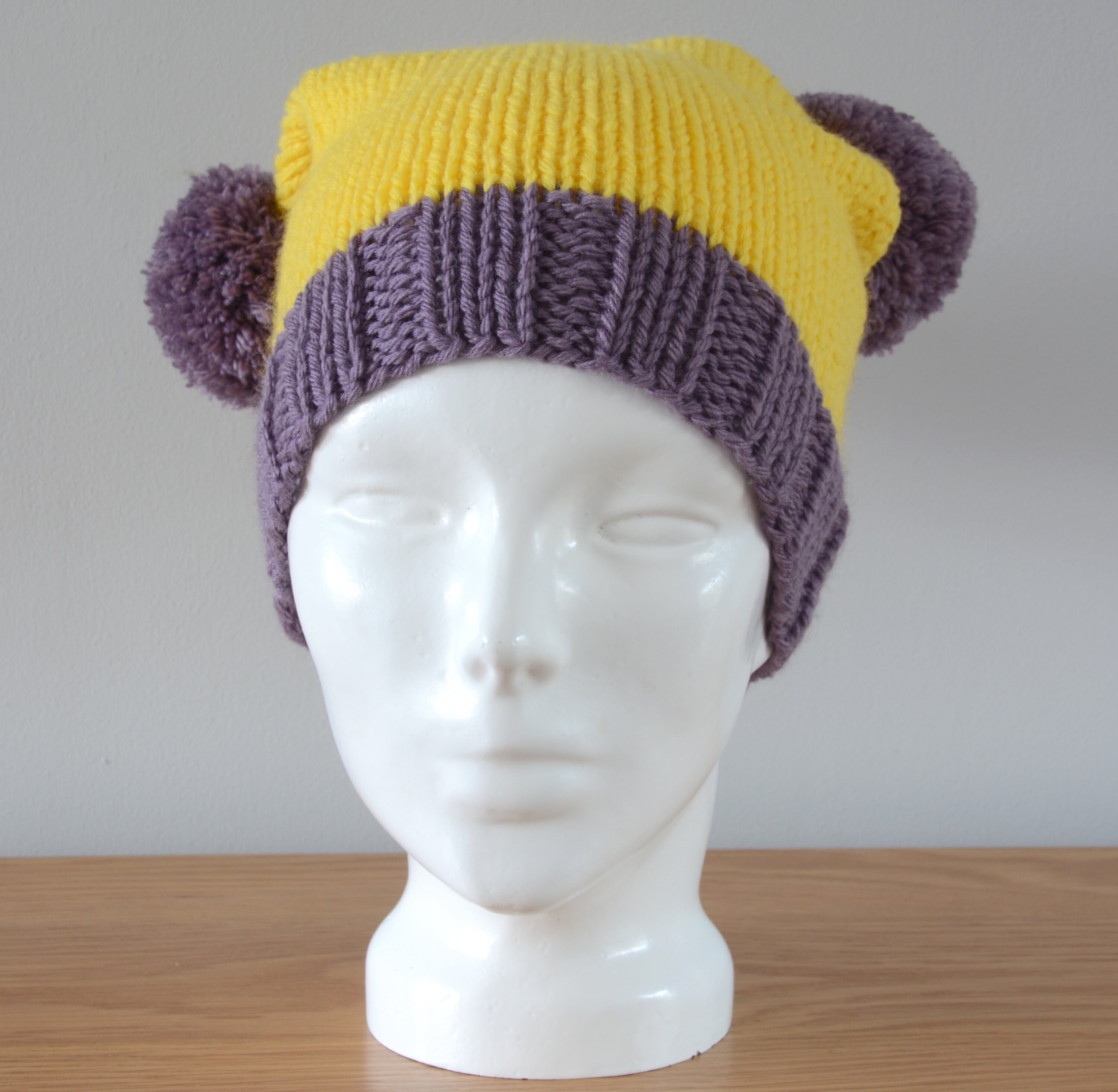Handmade Wool Cream Knit Beanie with Yellow & Purple Accent My Knits are Headed to Canada as I Type : r/knitting main image 3