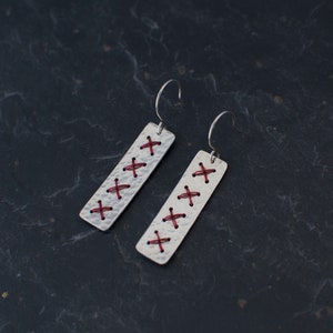 Long Red Cross Stitch Earrings Rectangle Metalwork Wire Hammered Sterling Silver Jewellery Gift image 2