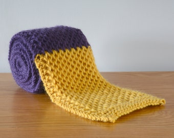 Knitted Purple & Yellow Wool Scarf: Chunky Honeycomb Fisherman Rib