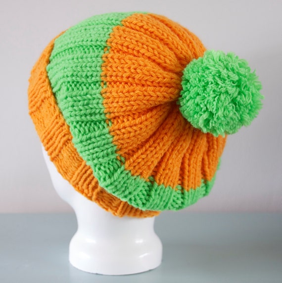 Green & Orange Merino Wool Beanie: Chunky Knit Pom Pom  display picture 3