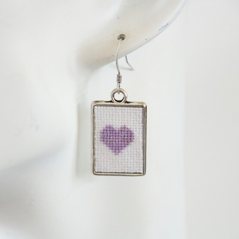 Lilac Cross Stitch Heart Earrings Purple Rectangle Frame Etsy