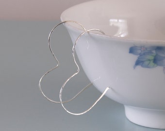 Silver Heart Earrings - Hammered Sterling Silver Wire Hoop Earrings Valentine's Day Gift