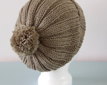 Khaki Green Beanie Hat - Knitted Slouchy Merino Wool Ribbed Pom Pom Unisex Winter Accessory Gift