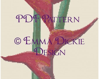 Red Heliconia Flower Counted Cross Stitch Pattern - Birds of Paradise Instant Download PDF Pattern by Emma Dickie Design