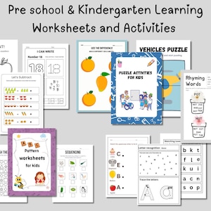 Puede incluir: Una colección de hojas de trabajo y actividades de aprendizaje para preescolar y jardín de infancia. Las hojas de trabajo incluyen contar, restar, reconocimiento de patrones, secuenciación y rimas. La imagen presenta ilustraciones coloridas y texto como "Puzzle Activities for Kids".