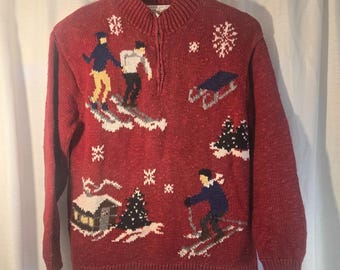 Jones New York Sport Petite P/P Red Ski Scene Quarter Zip Knit Sweater Y2K