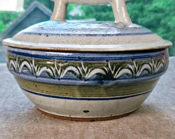 David Norton Handmade Ceramic Vegetable Steamer Signed Blue  Milky White Glaze