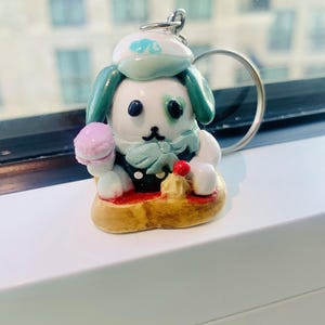 Handmade Kawaii Baker Dog Keychain – Fimo Macaron on Toast Charm