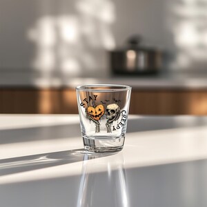 May include: A clear shot glass with a Halloween-themed design. The design features a jack-o'-lantern heart and a skull held by skeletal hands, with the words "STAY CREEPY" printed on the glass. The glass is on a white surface.