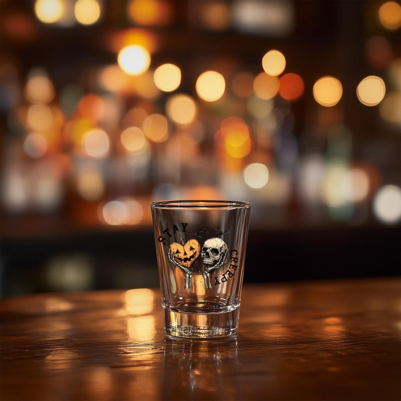 May include: A clear shot glass with a Halloween-themed design. The design features a pumpkin heart and a skull with the words "Stay Creepy" printed on the glass. The shot glass is sitting on a wooden surface.