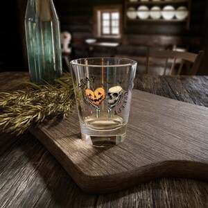 Stay Creepy Shot Glass | Pumpkin & Skeleton Design | Halloween Barware | 1.5oz Clear Glass | Spooky Party Favor | Gothic Drinking Gift image 4