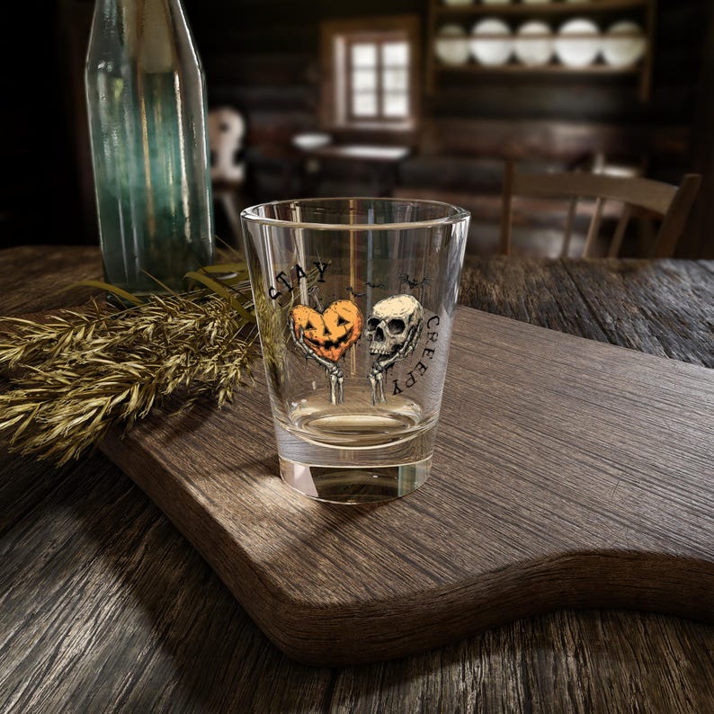 Stay Creepy Shot Glass | Pumpkin & Skeleton Design | Halloween Barware | 1.5oz Clear Glass | Spooky Party Favor | Gothic Drinking Gift image 4