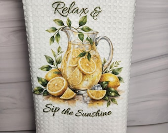 Toalla de cocina con diseño de limón / Decoración rústica con diseño de limón / Relájate y disfruta del sol / Toalla de mano de microfibra con textura de gofre
