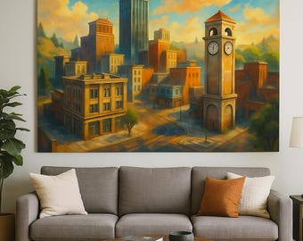 Hot Drop Clocktower Wall Art Print | Sunlit Fantasy Cityscape | Golden Hour Skyline Scene | Instant Download
