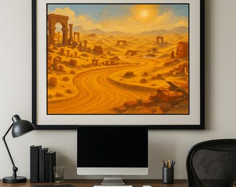 Desert Ruins Wall Art Print | Painterly Ancient Dunes Landscape | Golden Sunlit Oasis Scene | Instant Download