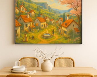 Countryside Town Wall Art Print | Serene Hillside Village Scene | Cozy Garden Fantasy Decor | Instant Download