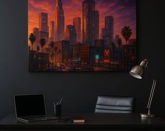 Solara City Wall Art Print | Painterly Neon Skyline Scene | Retro Sunset Cityscape Decor | Instant Download