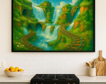 Whimsical Railroad Waterfall Print | Fantasy Landscape Wall Art | Vibrant Digital Nature Scene | Instant Download Decor