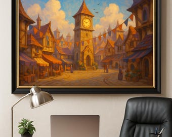 Clock Town Wall Art Print | Painterly Fantasy Village Scene | Vibrant Marketplace Landscape | Instant Download Decor