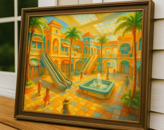 Tropical Mall Wall Art Print | Vibrant Palm Plaza Scene | Island Shopping Decor | Instant Download