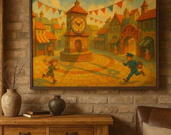 Time Town Wall Art Print | Whimsical Festival Plaza Scene | Nostalgic Fantasy Village Decor | Instant Download