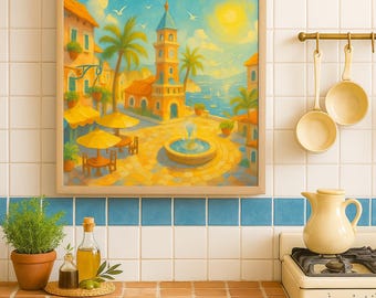 Seaside Plaza Wall Art Print | Whimsical Coastal Village Scene | Vibrant Mediterranean Landscape | Instant Download Decor