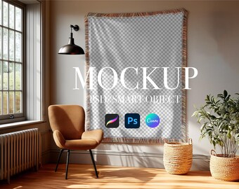Woven Blanket Mockup | Heirloom Throw Photoshop Canva Template | Fringed Jacquard Boho Style