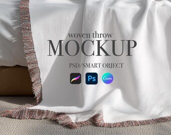 Woven Blanket Mockup | Heirloom Throw Photoshop Canva Template | Fringed Jacquard Boho Style