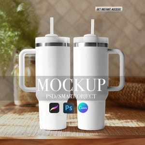 May include: Two white travel mugs with handles and straws. The mugs have a silver band and lid. The word "MOCKUP" is displayed in large, gray letters. The image also includes the text "PSD/SMART OBJECT" and icons for Procreate, Photoshop, and Canva.