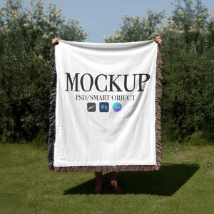 Outdoor Blanket Mockup | PSD Smart Object + Canva | Fringed Jacquard Boho Style