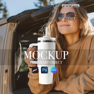 May include: A white and gray travel mug with a handle and a straw is held by a person. The word "MOCKUP" is displayed in large letters. The image also includes the text "PSD/SMART OBJECT" and icons for design software.