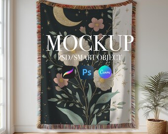 Woven Blanket Mockup | Heirloom Throw Photoshop Canva Template | Fringed Jacquard Boho Style
