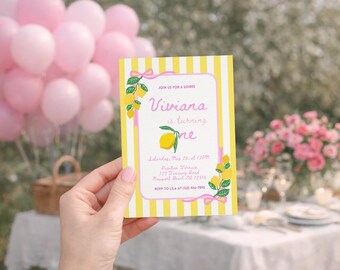 Lemon Italy 1st Birthday Invitation, Editable First Birthday Yellow Stripes and Pink Bows Party Invite, Printable Template, Instant Download