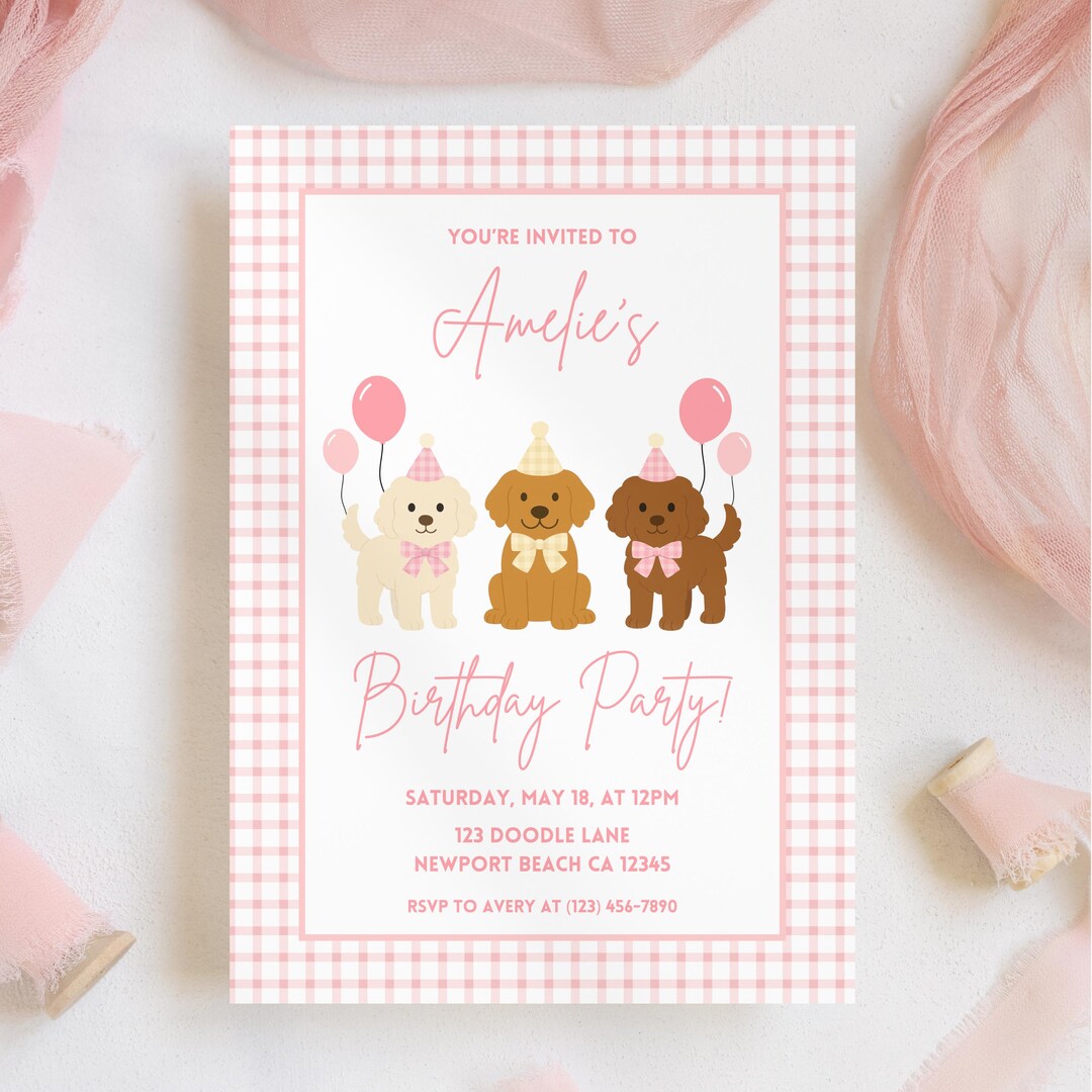 Pink Puppy Birthday Invitation Girl, Dog Party Invite Template, Gingham ...