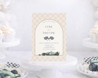 Fast One Birthday Invitation, Green Race Car First Birthday, Neutral Racing Party Invite, Checkered Boy Birthday Canva