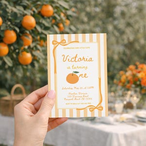 One Little Cutie 1st Birthday Invitation, Editable First Birthday Orange Stripes and Bows Party Invite, Printable Template, Instant Download image 1