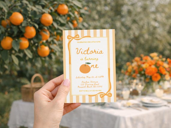 One Little Cutie 1st Birthday Invitation, Editable First Birthday Orange Stripes and Bows Party Invite, Printable Template, Instant Download
