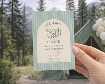One Happy Camper First Birthday Invitation, Light Green Camper Party Invite, Neutral Camping Theme, Canva Template