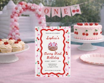 Cherry 1st Birthday Invitation Template, Editable Pink First Birthday Girl Party Invite, Printable Template, Instant Download